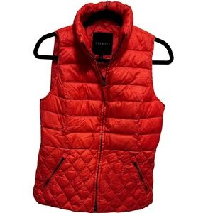 Talbots Women Down Puffer Vest Red Quilted Zip Front Stand Collar Pockets Size S